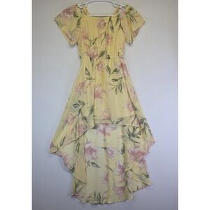 AUW Dress Womens S Yellow Hi Low Chiffon Cold Shoulder‎ Floral Flowy Fairy